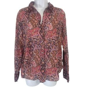 Cino Womens Button Down Shirt Paisley Crinkle Cotton‎ S Pink Brown Boho Festival